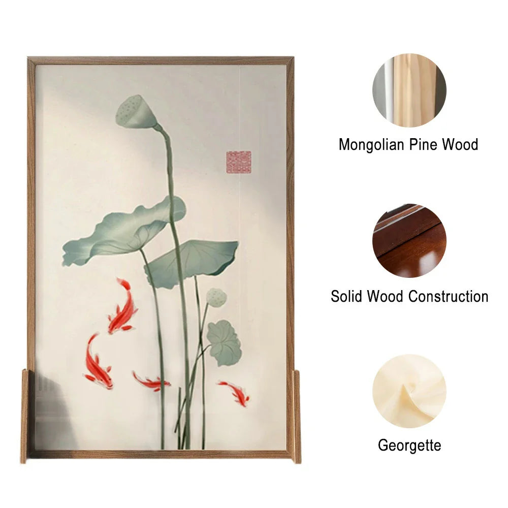 LIVARA Oriental Solid Lotus Wood Wood Room Mongolian Cutout, Leaf Pine Design, No Style Ash Divider, Carp Frame