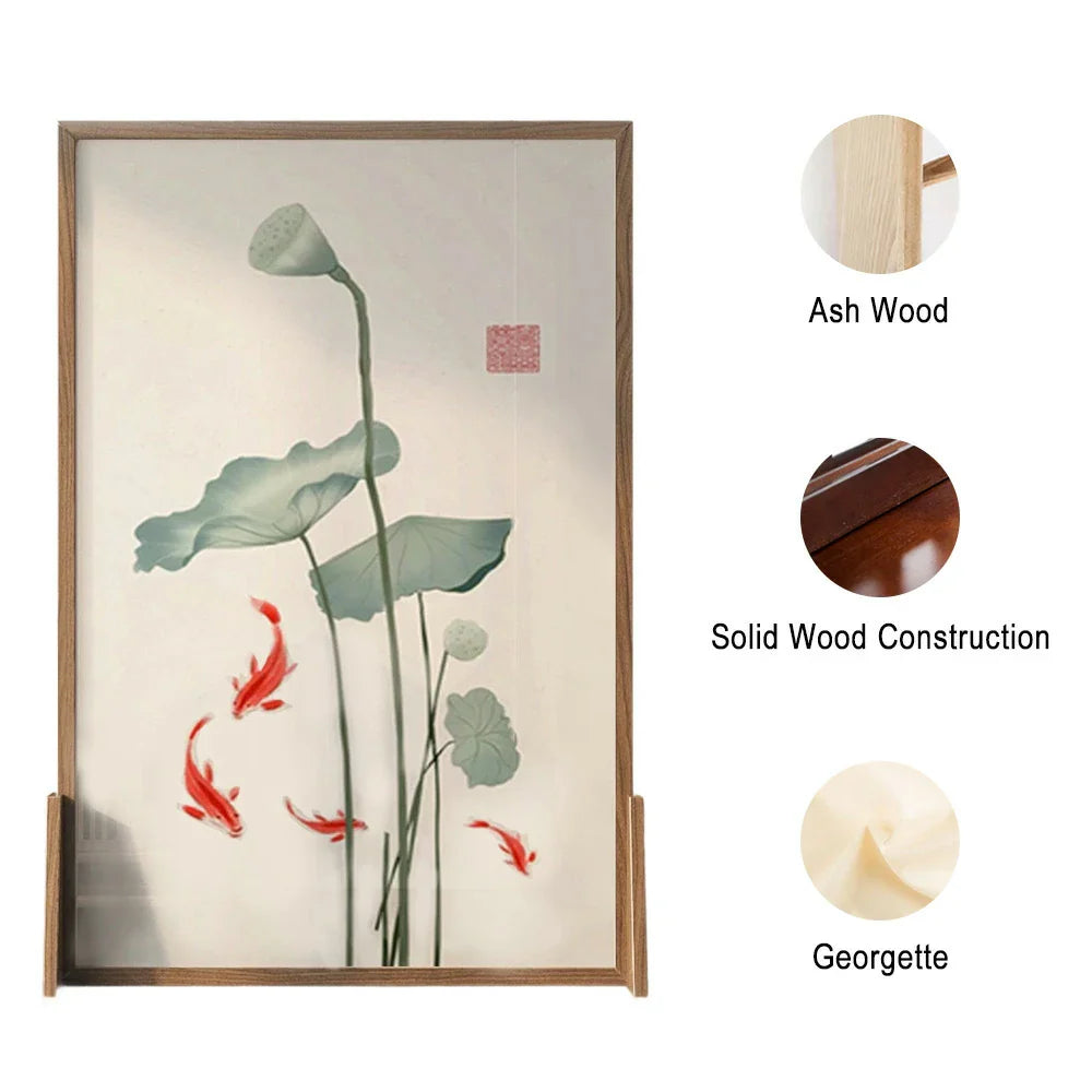 LIVARA Oriental Solid Lotus Wood Wood Room Mongolian Cutout, Leaf Pine Design, No Style Ash Divider, Carp Frame
