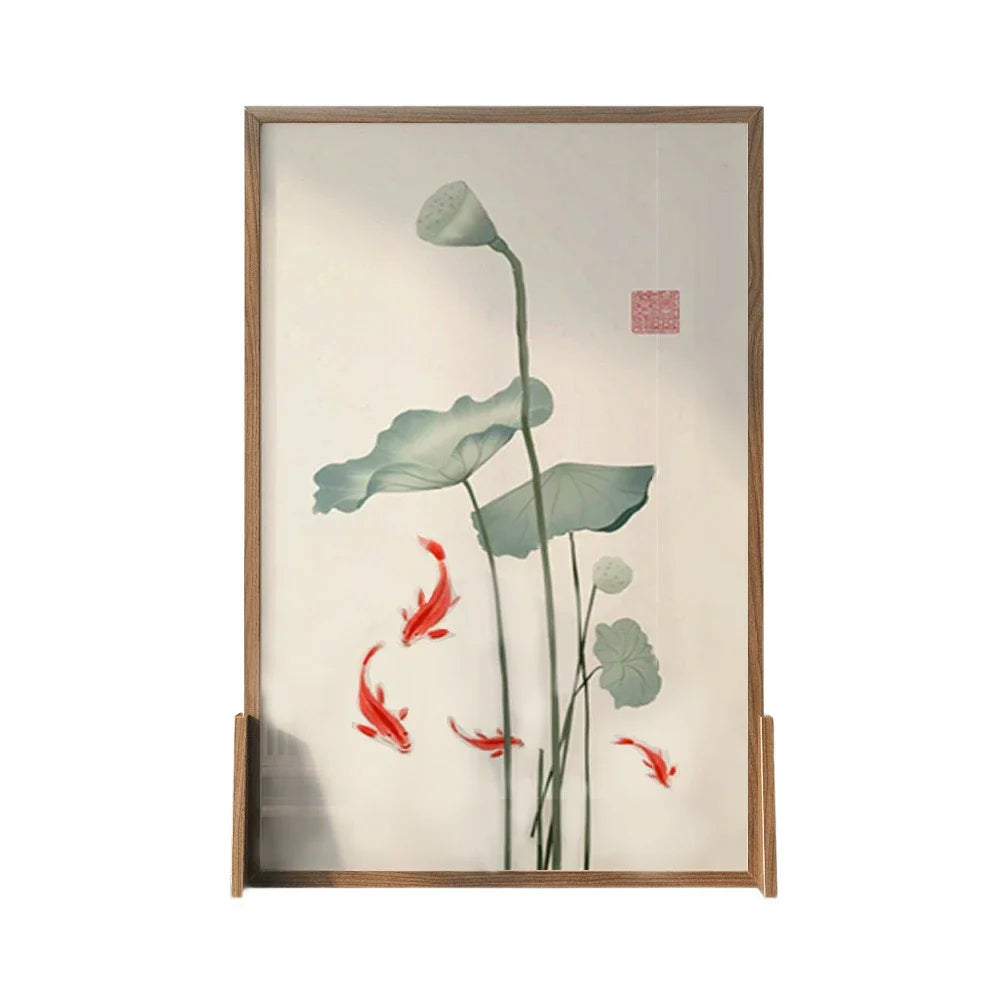 LIVARA Oriental Solid Lotus Wood Wood Room Mongolian Cutout, Leaf Pine Design, No Style Ash Divider, Carp Frame