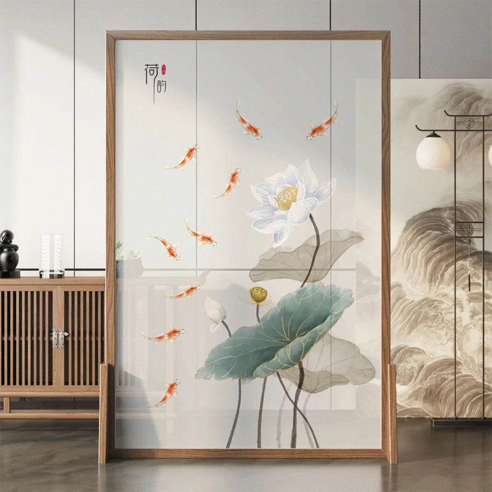 LIVARA Oriental Wood Wood Divider, Lotus Mongolian Style Design, Room Pine Solid Carp Ash Frame