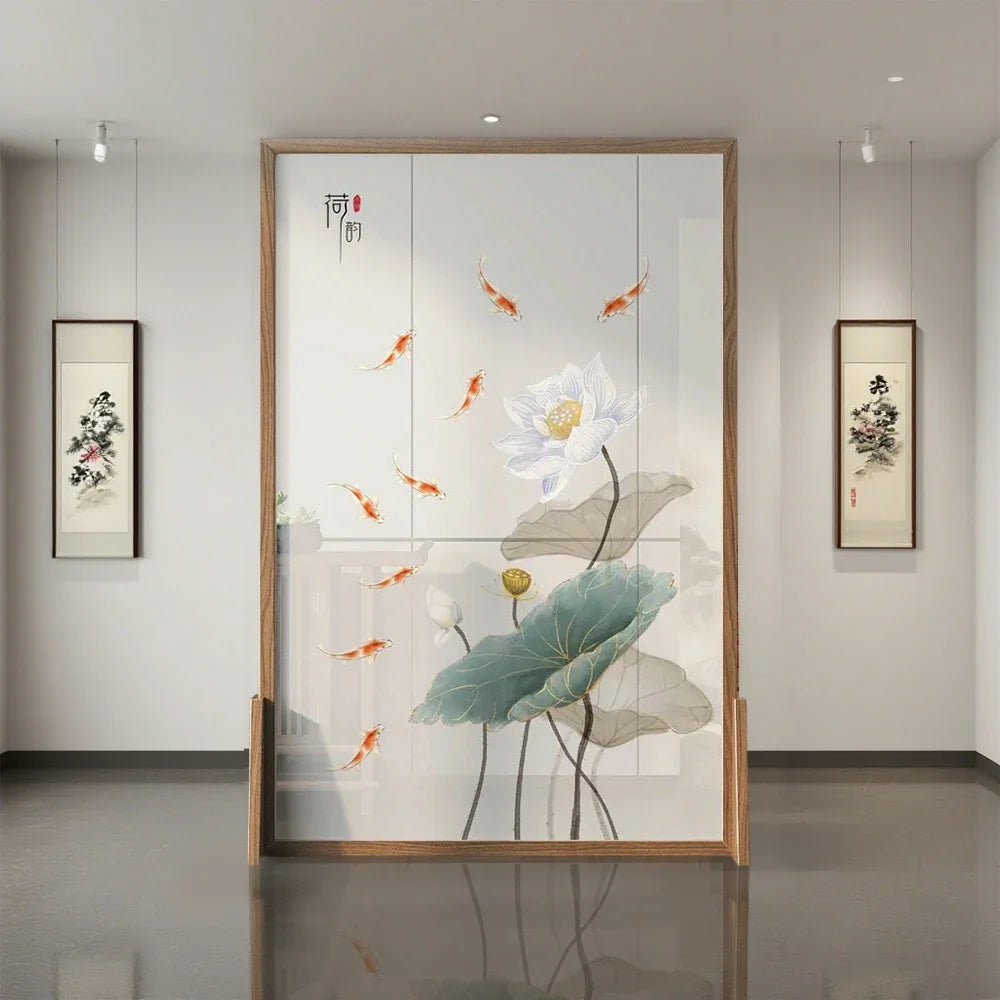 LIVARA Oriental Wood Wood Divider, Lotus Mongolian Style Design, Room Pine Solid Carp Ash Frame