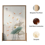 LIVARA Oriental Wood Wood Divider, Lotus Mongolian Style Design, Room Pine Solid Carp Ash Frame