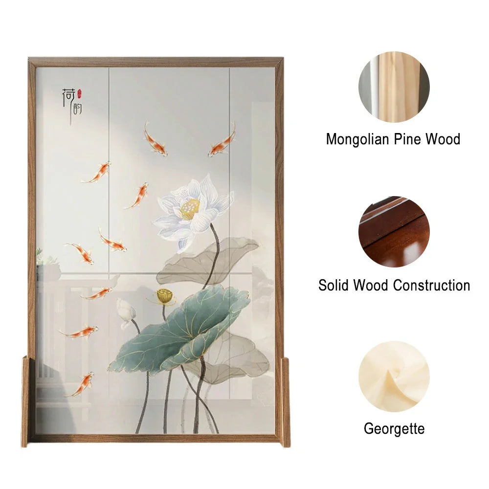 LIVARA Oriental Wood Wood Divider, Lotus Mongolian Style Design, Room Pine Solid Carp Ash Frame
