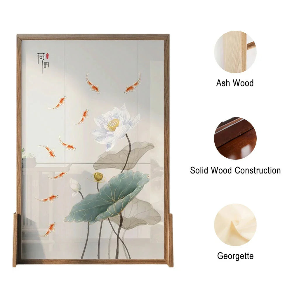 LIVARA Oriental Wood Wood Divider, Lotus Mongolian Style Design, Room Pine Solid Carp Ash Frame