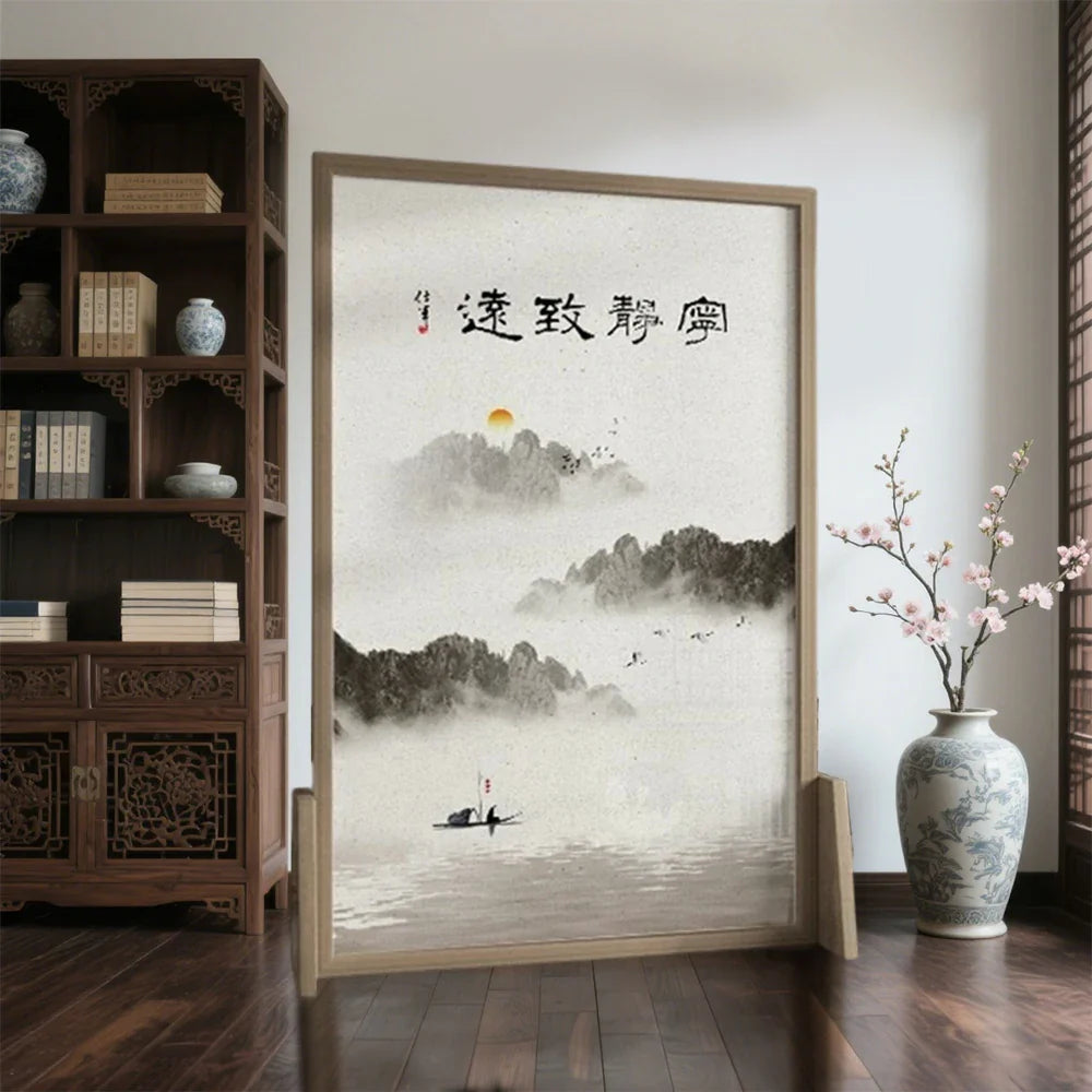 LIVARA Ink Eastern And Mongolian Made Solid Of Pattern Pine Wax Style Wood With Screen An Home Wood landscape White Decoration