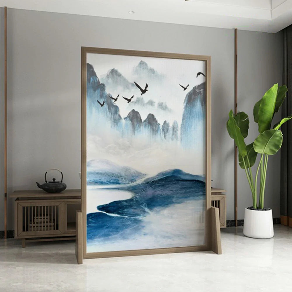 LIVARA Blue Pine Home And An White Wood Of Screen Made Style Solid Pattern With Mongolian Wax landscape Eastern Wood Decoration