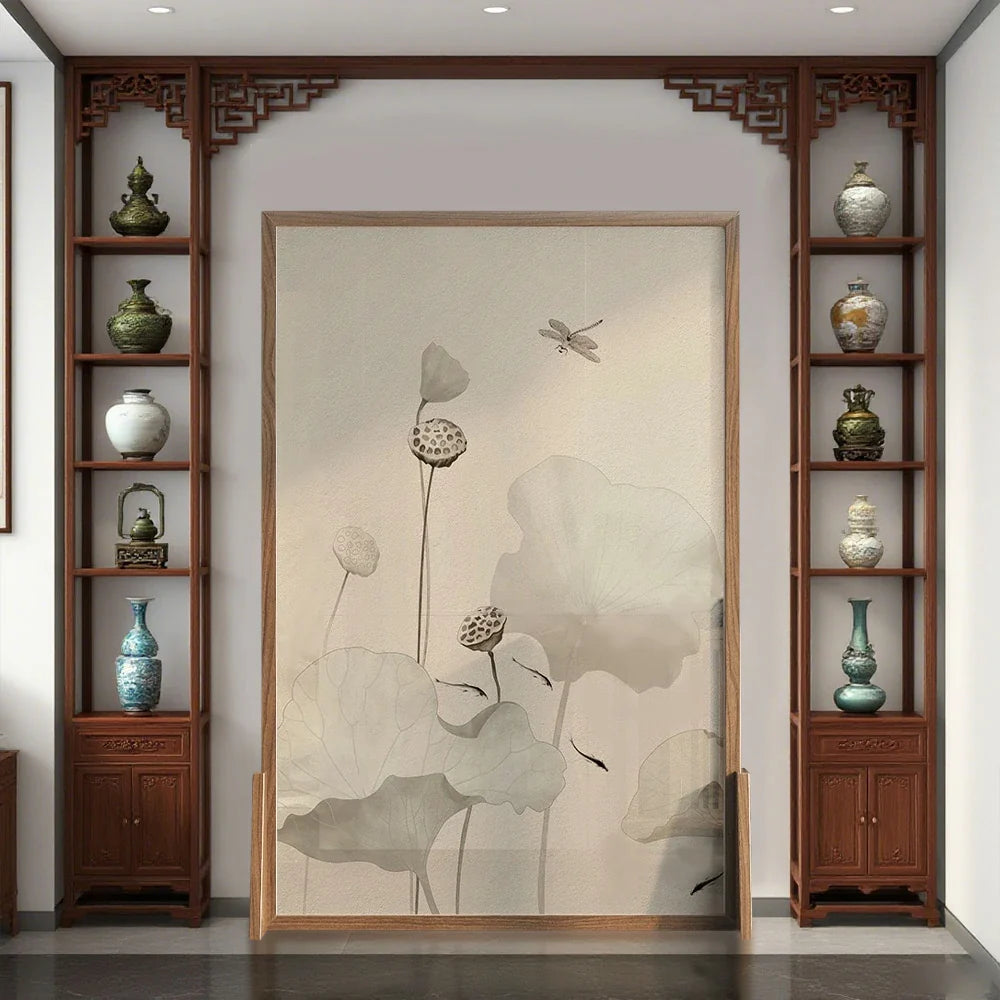 LIVARA Wash Pine Mongolian Screen White Wax Home Pattern With Made An Wood And Style lotus Eastern Solid Wood Of leaf Decoration