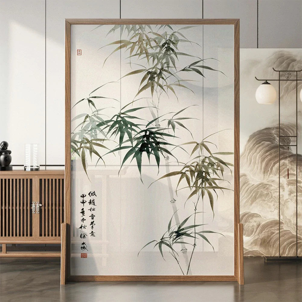 LIVARA Green Eastern And leaf Home Wax Style Screen Pine Mongolian With Solid Made Of Wood An White Pattern Wood Decoration