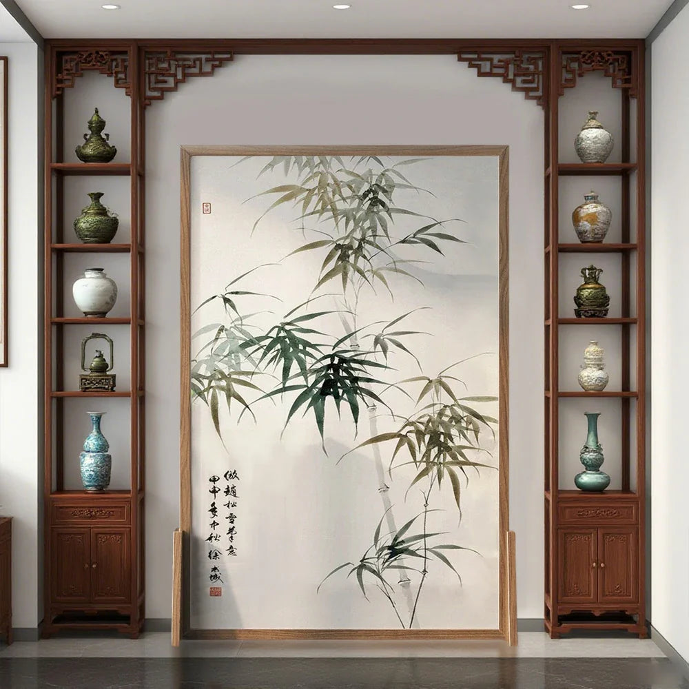 LIVARA Green Eastern And leaf Home Wax Style Screen Pine Mongolian With Solid Made Of Wood An White Pattern Wood Decoration