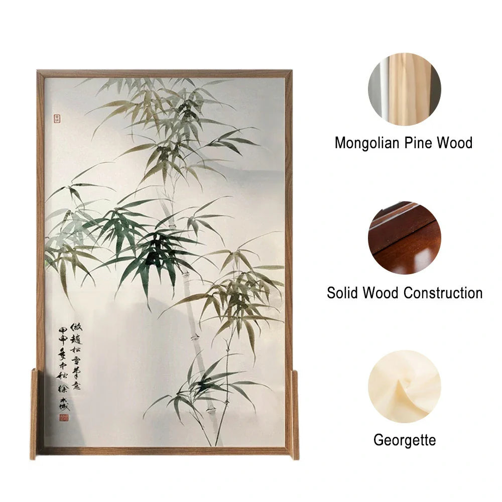 LIVARA Green Eastern And leaf Home Wax Style Screen Pine Mongolian With Solid Made Of Wood An White Pattern Wood Decoration
