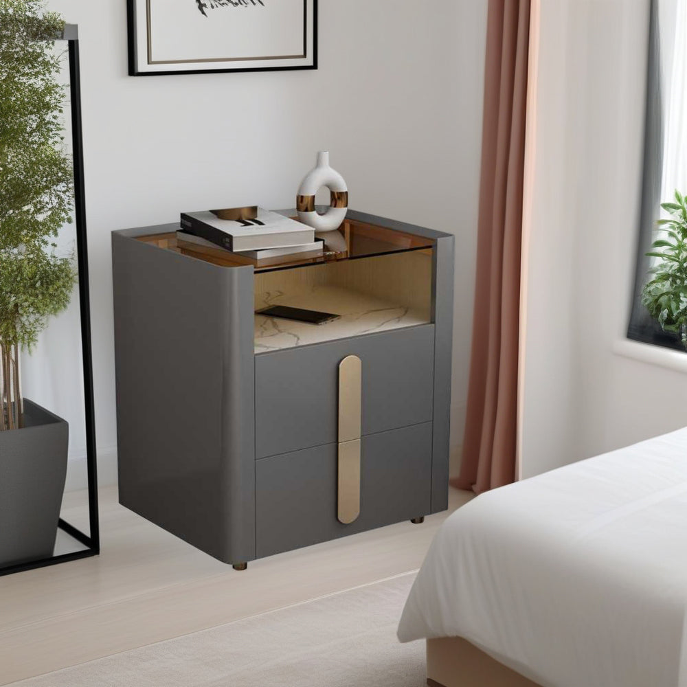 LIVARA NT1027 Side Small Modern Solid Bedside Luxury Style Top Wood Glass Table With Cabinet