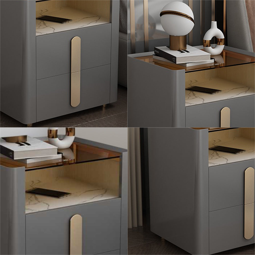 LIVARA NT1027 Side Small Modern Solid Bedside Luxury Style Top Wood Glass Table With Cabinet