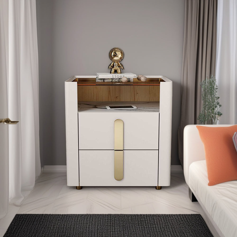 LIVARA NT1027 Side Small Modern Solid Bedside Luxury Style Top Wood Glass Table With Cabinet