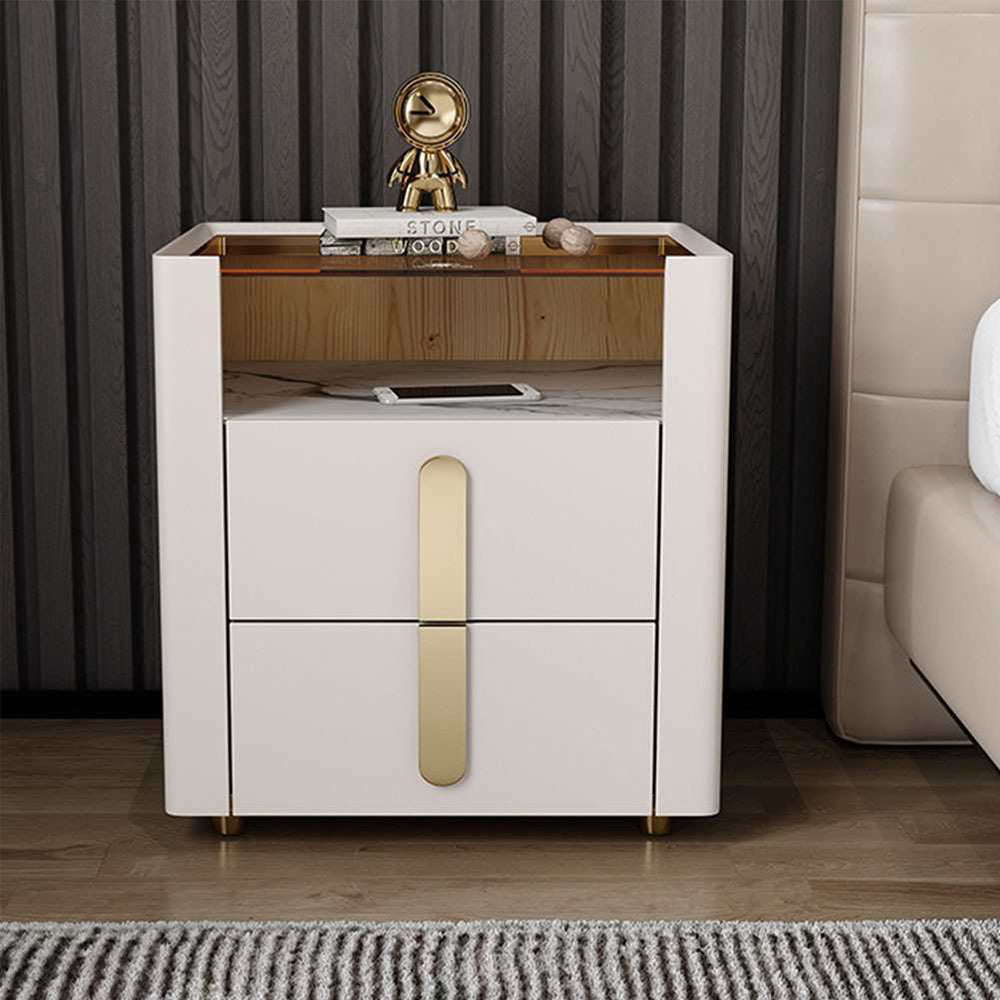 LIVARA NT1027 Side Small Modern Solid Bedside Luxury Style Top Wood Glass Table With Cabinet