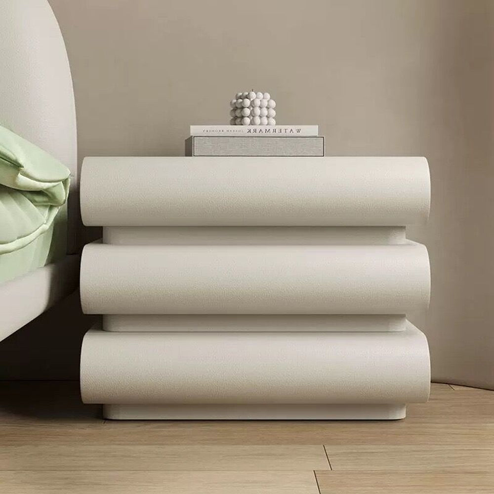 LIVARA NT1035 Faux Drawer Cream Bedside Pine Wood Solid Leather Table