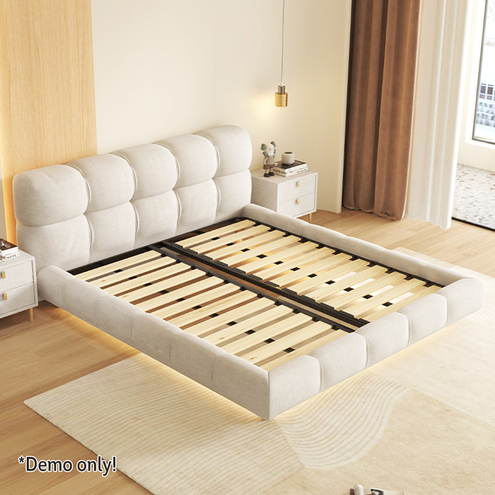 LIVARA SM1018 Two Fabric With Bedside Bed - Matte 150/180cm Tables Sensor Light Beige