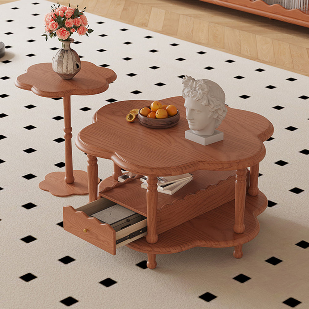 LIVARA Solid Coffee Table With Drawer /Side Set Table Flower-Shaped - Wood Walnut
