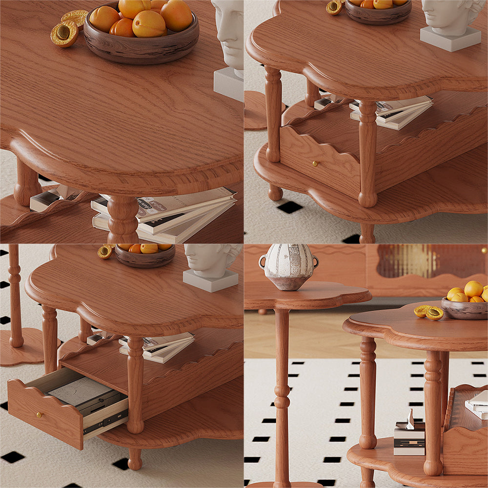 LIVARA Solid Coffee Table With Drawer /Side Set Table Flower-Shaped - Wood Walnut