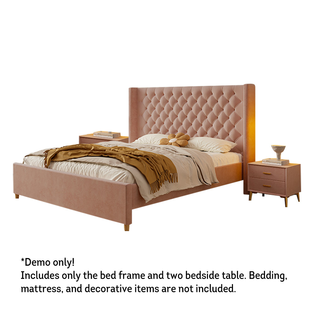 LIVARA SM1907 Tables Bedside Two Velvet - Fabric Bed With 150/180cm Pink
