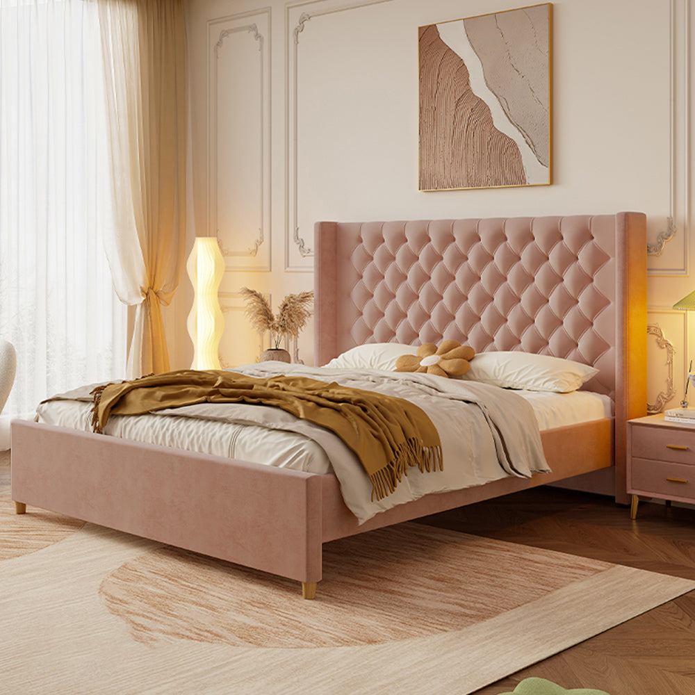 LIVARA SM1907 Tables Bedside Two Velvet - Fabric Bed With 150/180cm Pink