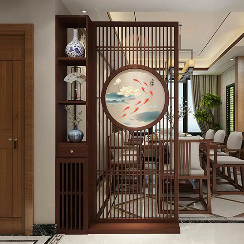 LIVARA Asian with Slatted Room Divider, Walnut Elegant Home Hollow Motif, Style Fish Wood Design Koi Decor