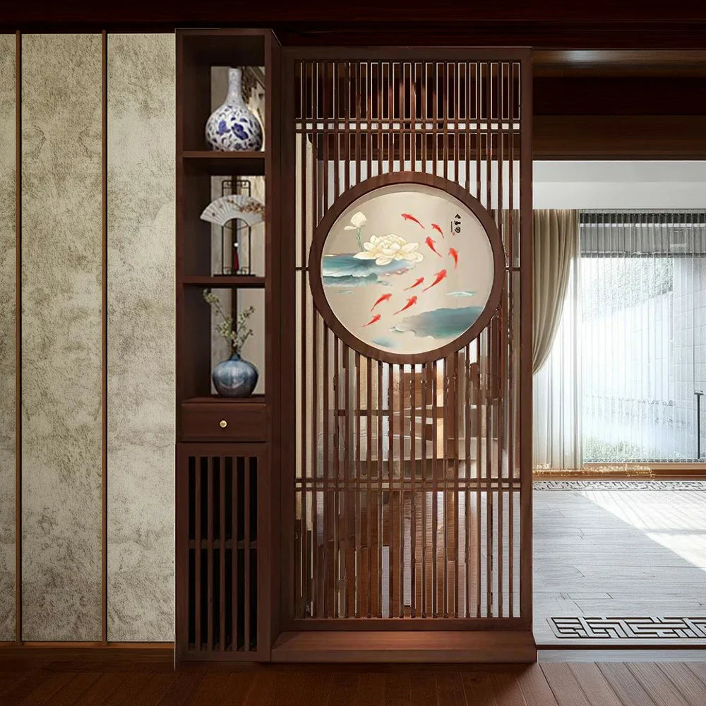 LIVARA Asian with Slatted Room Divider, Walnut Elegant Home Hollow Motif, Style Fish Wood Design Koi Decor