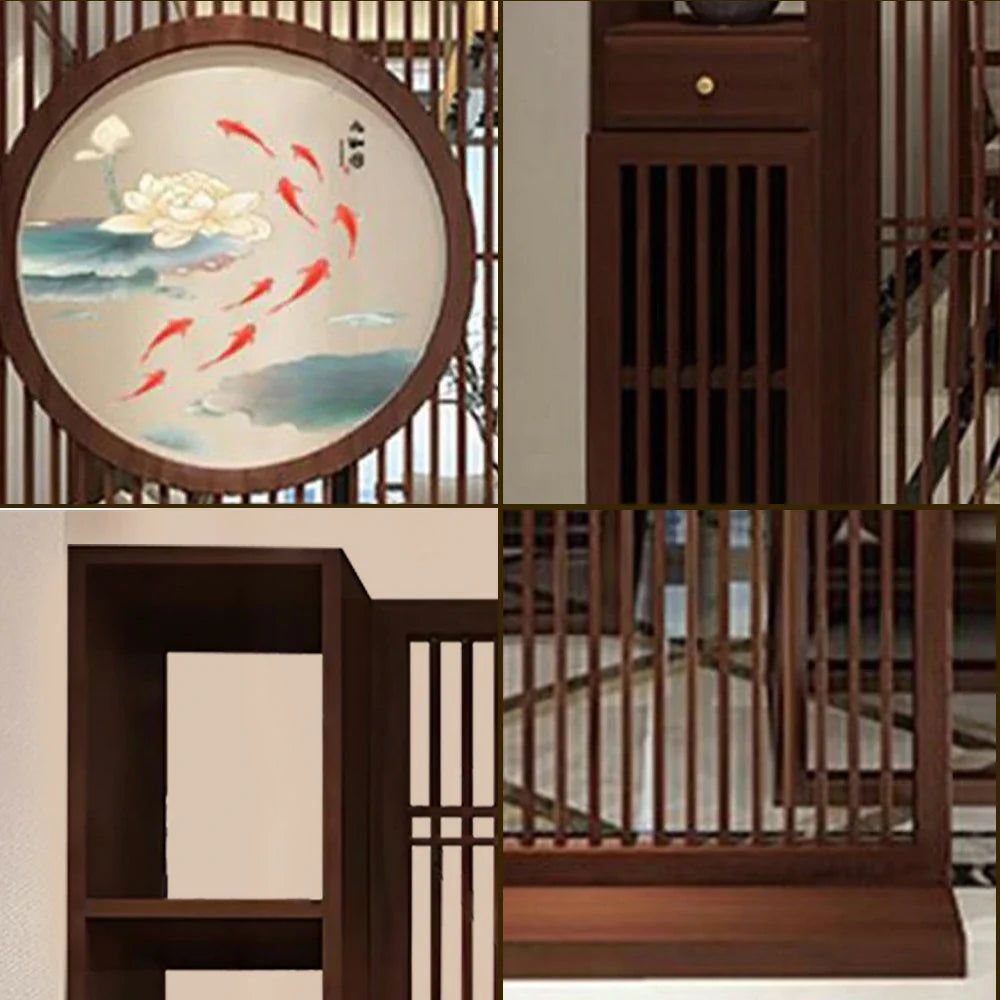 LIVARA Asian with Slatted Room Divider, Walnut Elegant Home Hollow Motif, Style Fish Wood Design Koi Decor