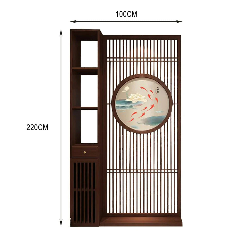 LIVARA Asian with Slatted Room Divider, Walnut Elegant Home Hollow Motif, Style Fish Wood Design Koi Decor