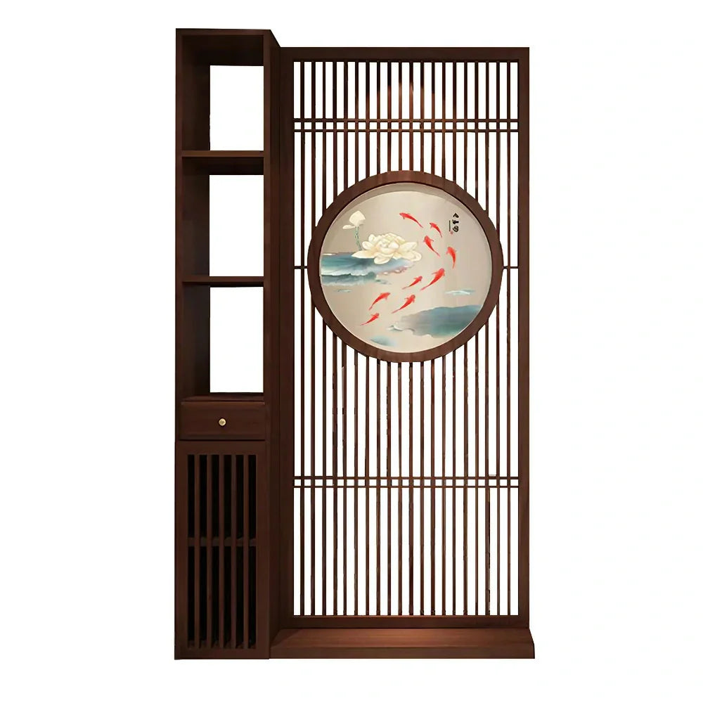 LIVARA Asian with Slatted Room Divider, Walnut Elegant Home Hollow Motif, Style Fish Wood Design Koi Decor