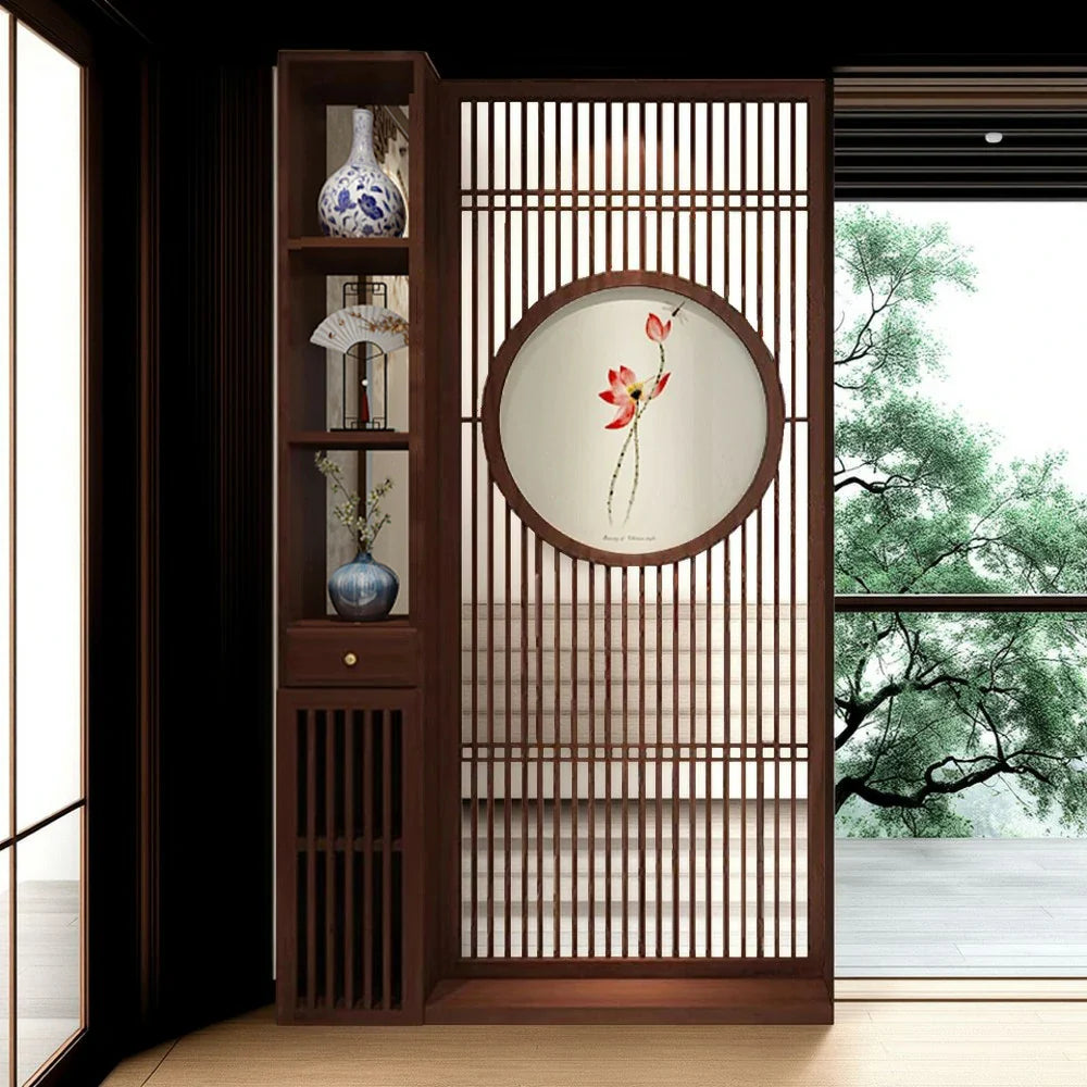 LIVARA Asian Home Design Motif, Room Walnut Divider, Style Slatted with Lotus Hollow Wood Elegant Decor Screen