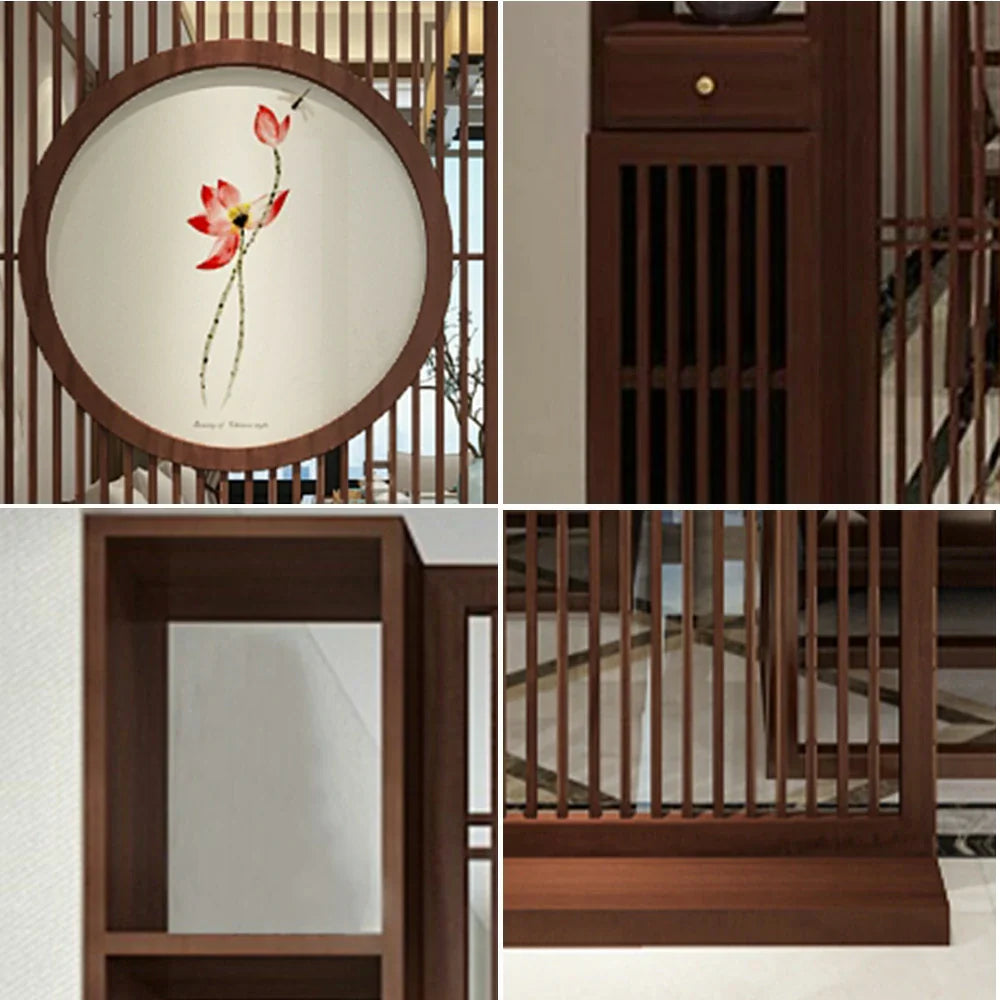 LIVARA Asian Home Design Motif, Room Walnut Divider, Style Slatted with Lotus Hollow Wood Elegant Decor Screen
