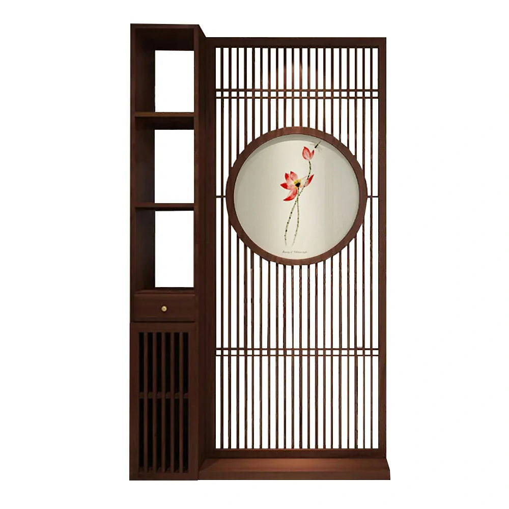 LIVARA Asian Home Design Motif, Room Walnut Divider, Style Slatted with Lotus Hollow Wood Elegant Decor Screen