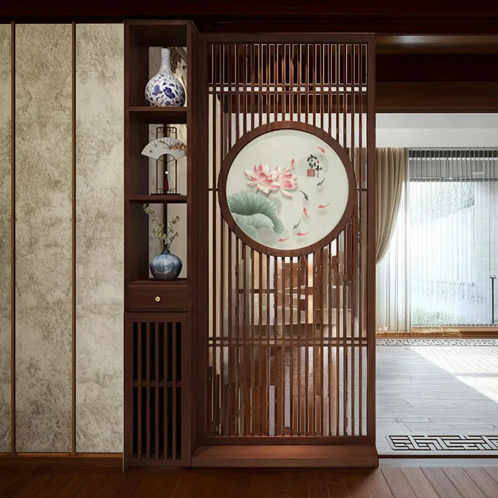 LIVARA Oriental or Entryway Hollow Lotus Style Koi Room for Wood Design Ideal Motif, Divider, with Walnut Slatted Foyer