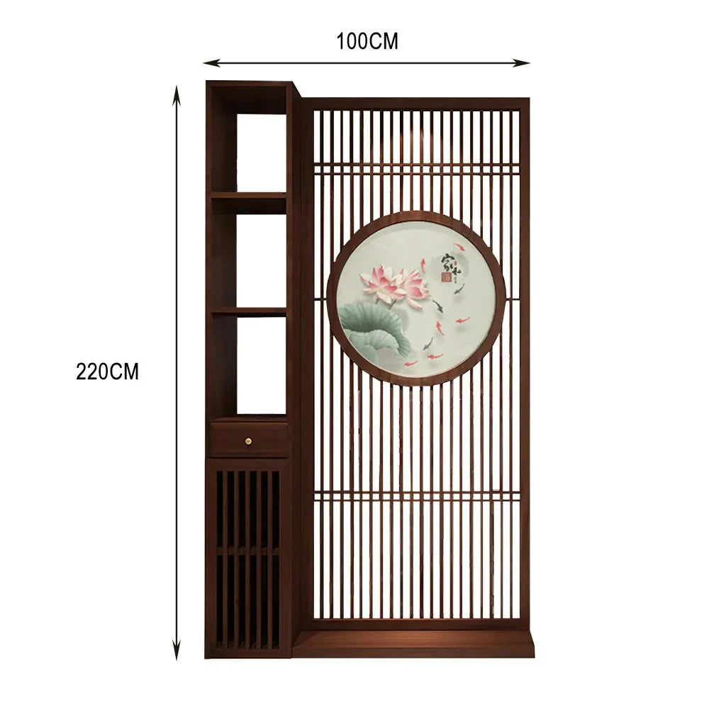 LIVARA Oriental or Entryway Hollow Lotus Style Koi Room for Wood Design Ideal Motif, Divider, with Walnut Slatted Foyer