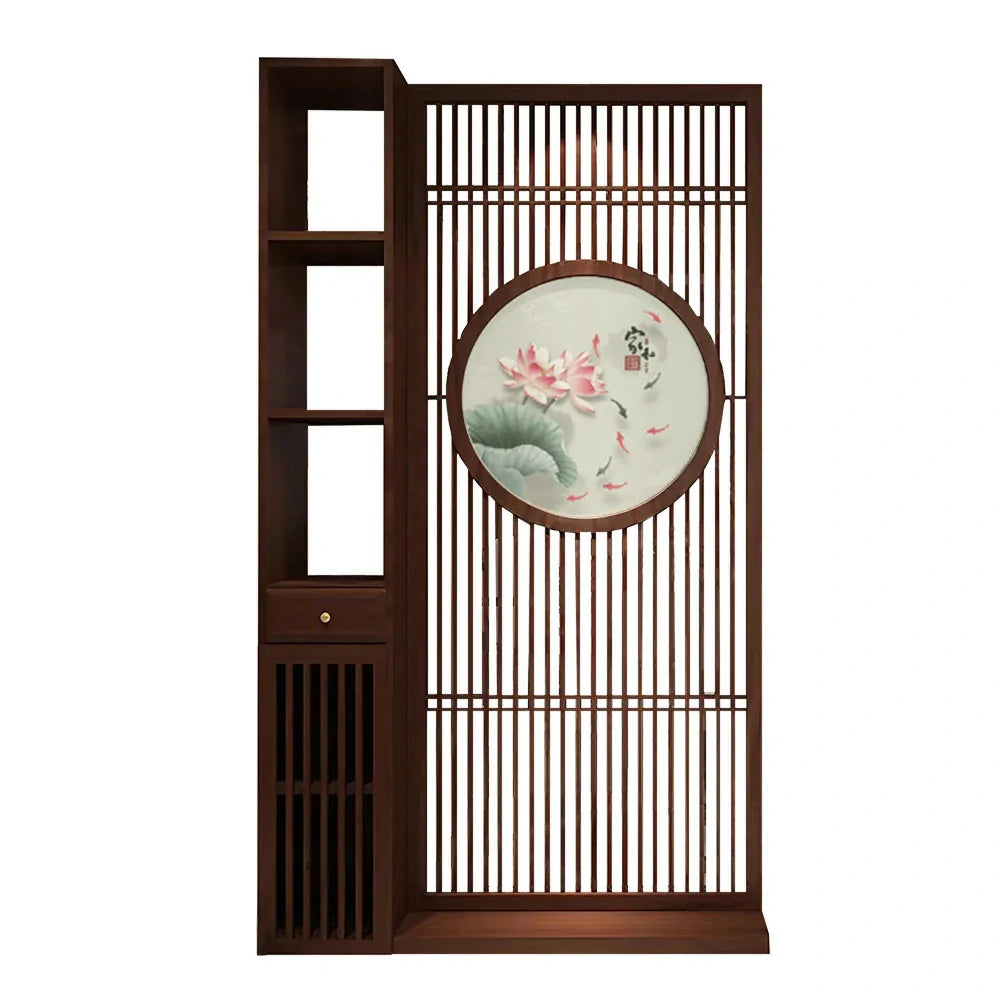 LIVARA Oriental or Entryway Hollow Lotus Style Koi Room for Wood Design Ideal Motif, Divider, with Walnut Slatted Foyer