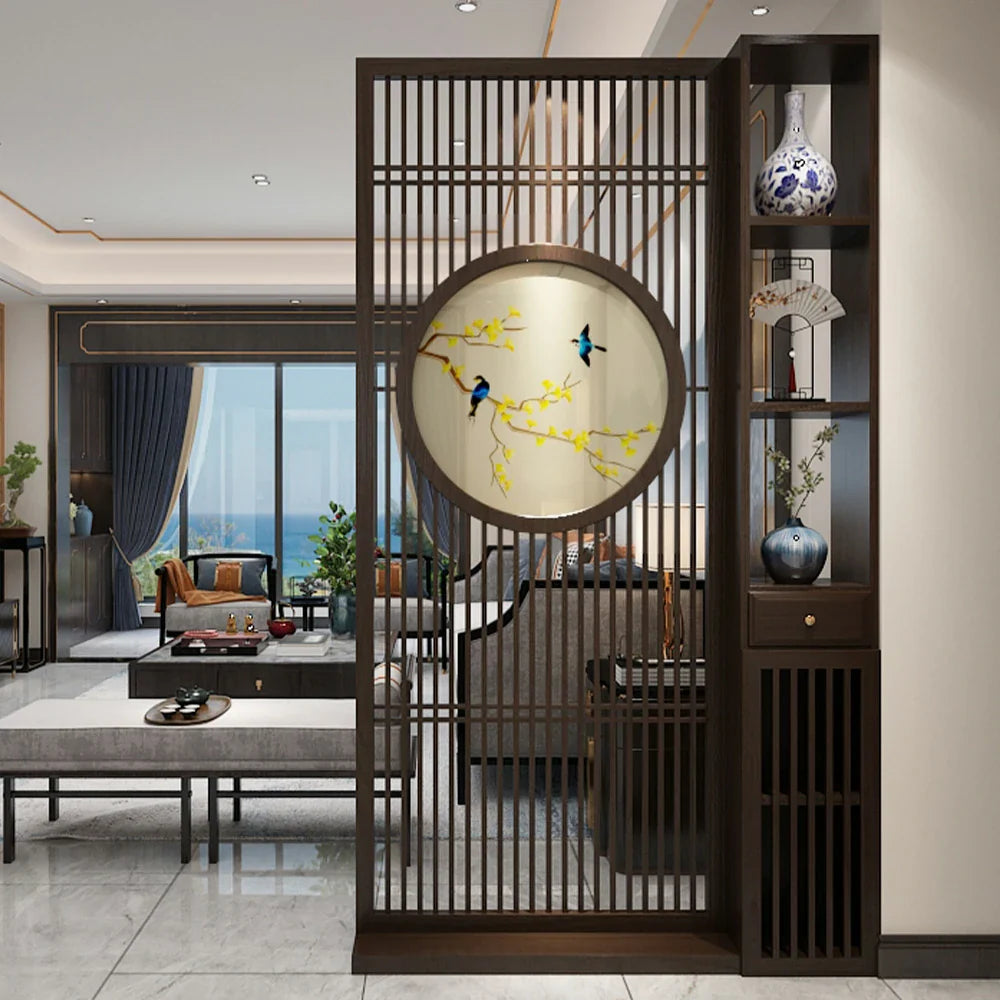 LIVARA Oriental or Slatted for Screen, Room Hollow Entryway Privacy Divider, Perfect Wood Style Walnut Foyer Decoration