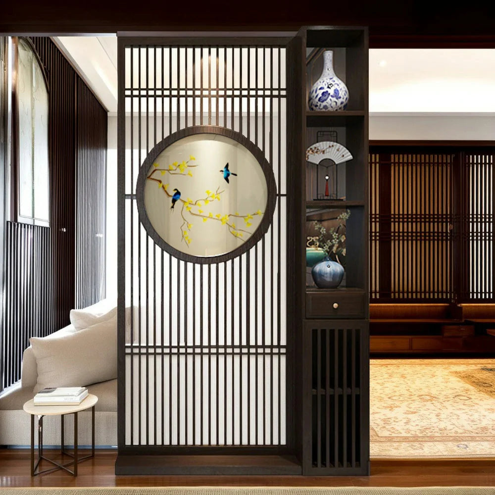LIVARA Oriental or Slatted for Screen, Room Hollow Entryway Privacy Divider, Perfect Wood Style Walnut Foyer Decoration