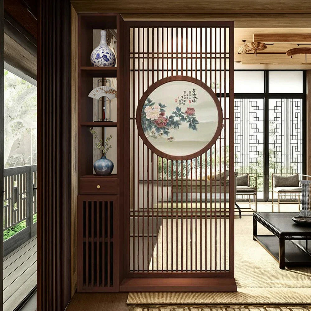 LIVARA Oriental Room for Foyer Ideal Style Divider, with Design Hollow or Entryway Wood Motif, Slatted Walnut Peony Decor