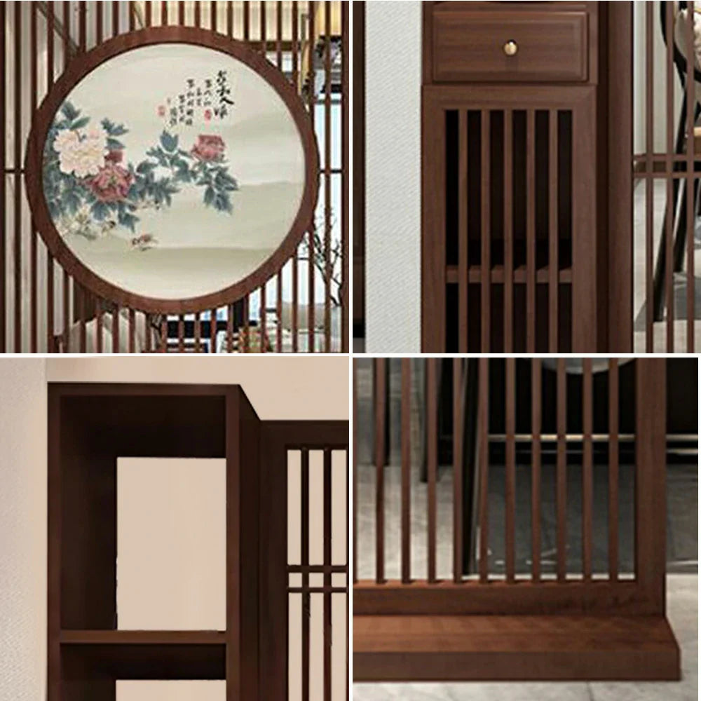 LIVARA Oriental Room for Foyer Ideal Style Divider, with Design Hollow or Entryway Wood Motif, Slatted Walnut Peony Decor