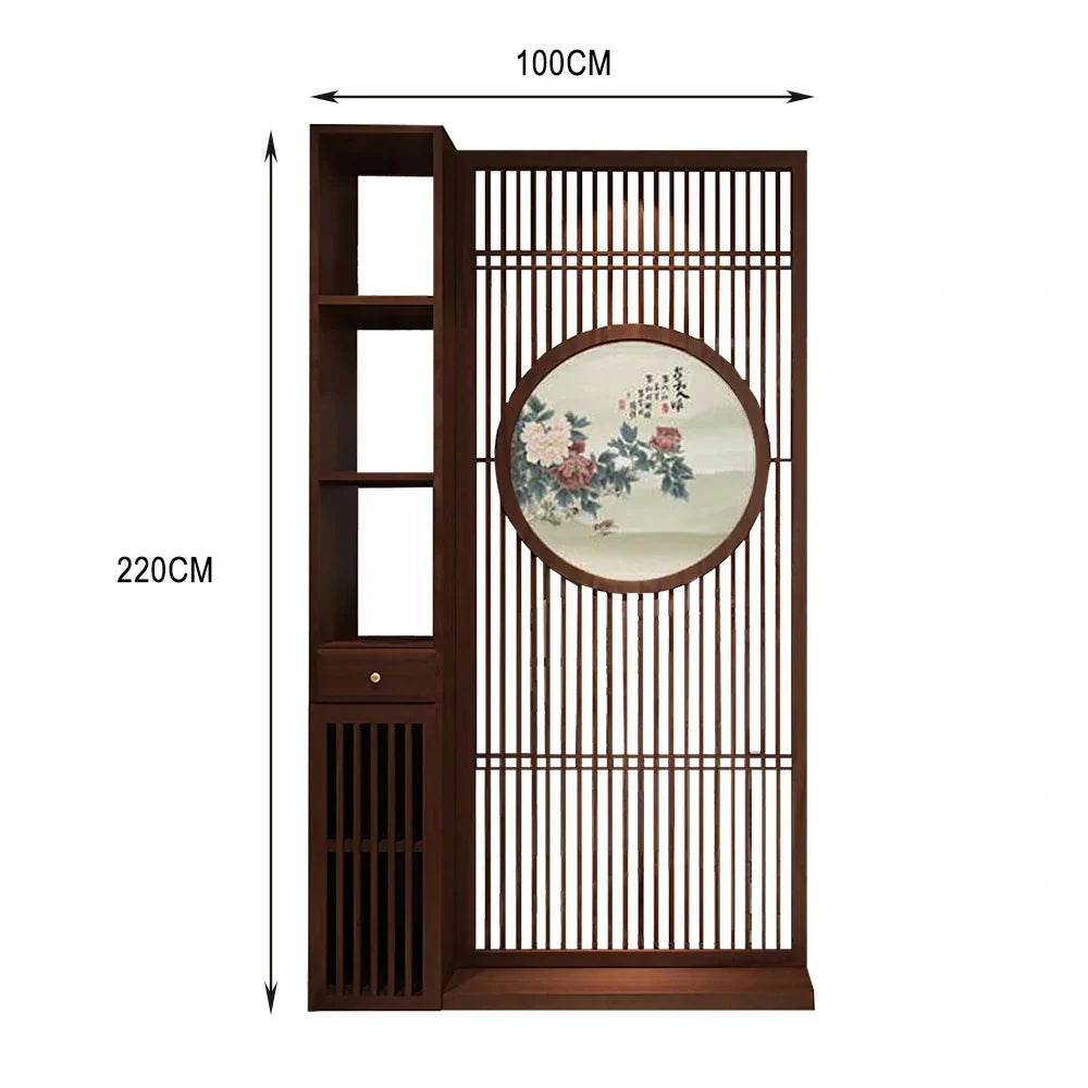 LIVARA Oriental Room for Foyer Ideal Style Divider, with Design Hollow or Entryway Wood Motif, Slatted Walnut Peony Decor