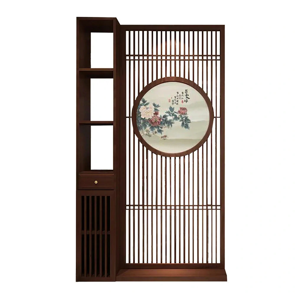 LIVARA Oriental Room for Foyer Ideal Style Divider, with Design Hollow or Entryway Wood Motif, Slatted Walnut Peony Decor