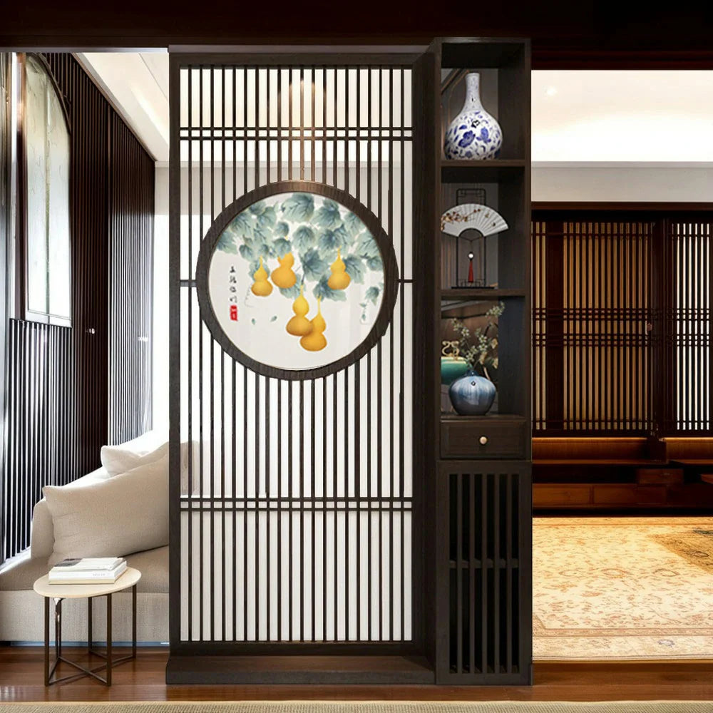 LIVARA Oriental Slatted Divider, Elegant Entryway Style or Room Screen Wood Design, Hollow Privacy Walnut for Living Room