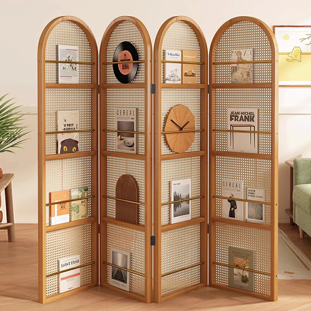 LIVARA Foldable Magazine Arched Divider 4-Panel Rack Rattan Bamboo with Woven Room Design