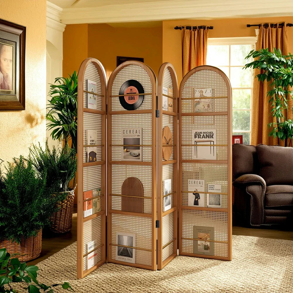 LIVARA Foldable Magazine Arched Divider 4-Panel Rack Rattan Bamboo with Woven Room Design