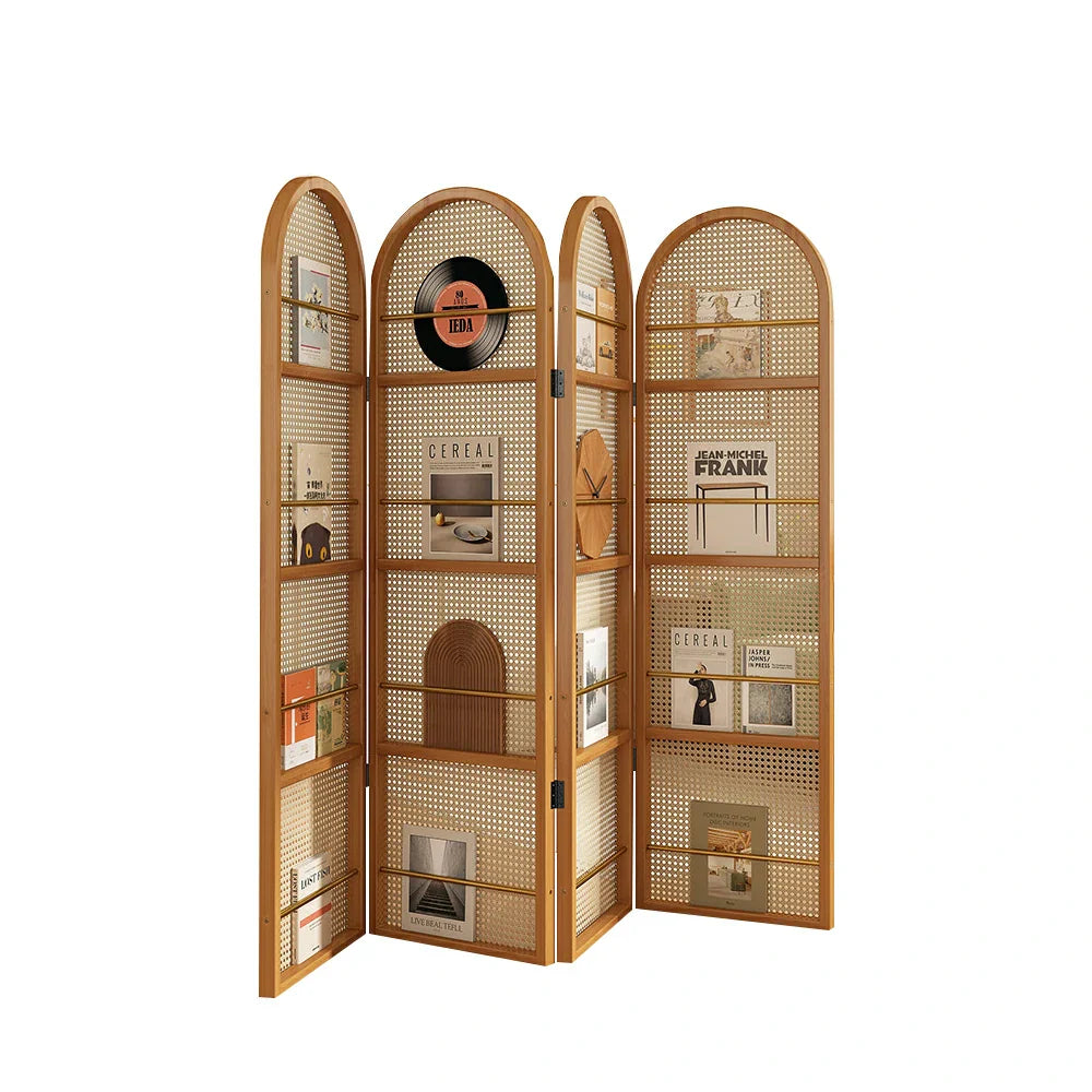 LIVARA Foldable Magazine Arched Divider 4-Panel Rack Rattan Bamboo with Woven Room Design