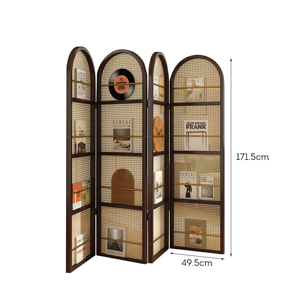 LIVARA Foldable Magazine Arched Divider 4-Panel Rack Rattan Bamboo with Woven Room Design