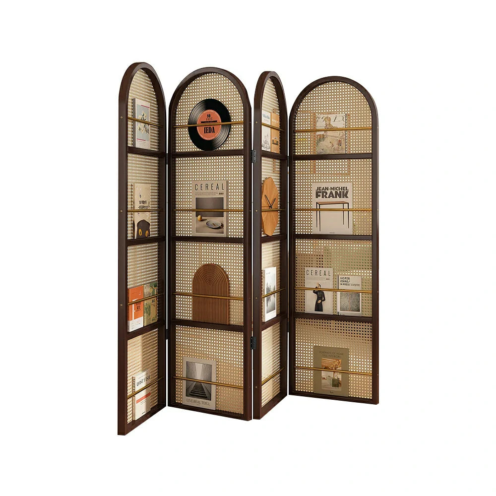 LIVARA Foldable Magazine Arched Divider 4-Panel Rack Rattan Bamboo with Woven Room Design