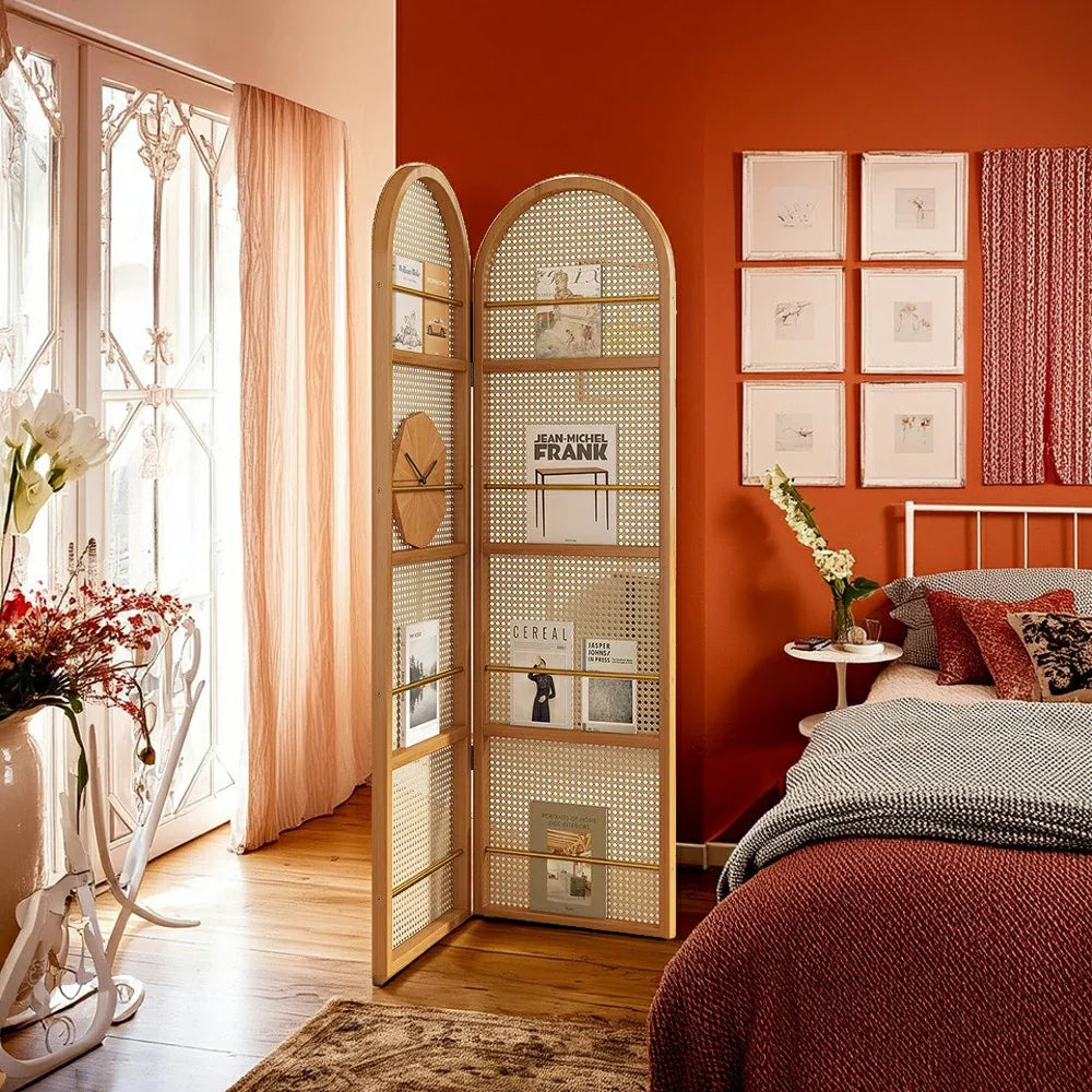 LIVARA Foldable Arched Rack Bamboo with Magazine Room 2-Panel Woven Divider Rattan Design