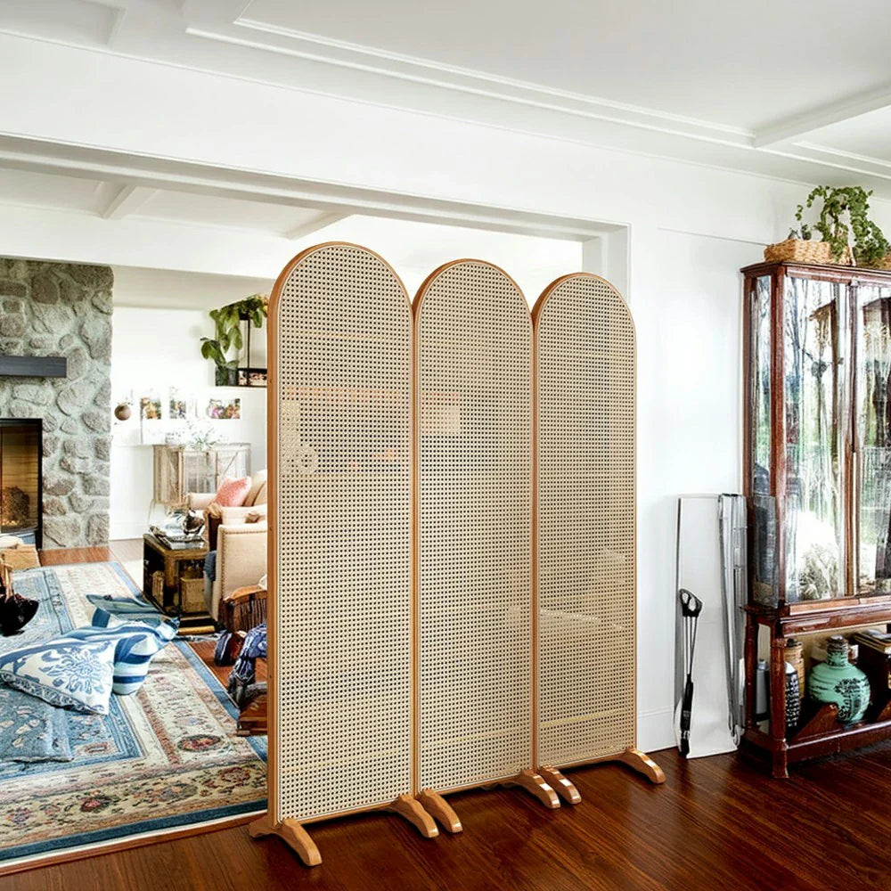 LIVARA 3-Panel with Woven Rattan Room Divider Footed Bamboo Base