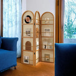 LIVARA Foldable Bamboo Arched Rattan Woven 3-Panel Rack with Room Divider Magazine Design